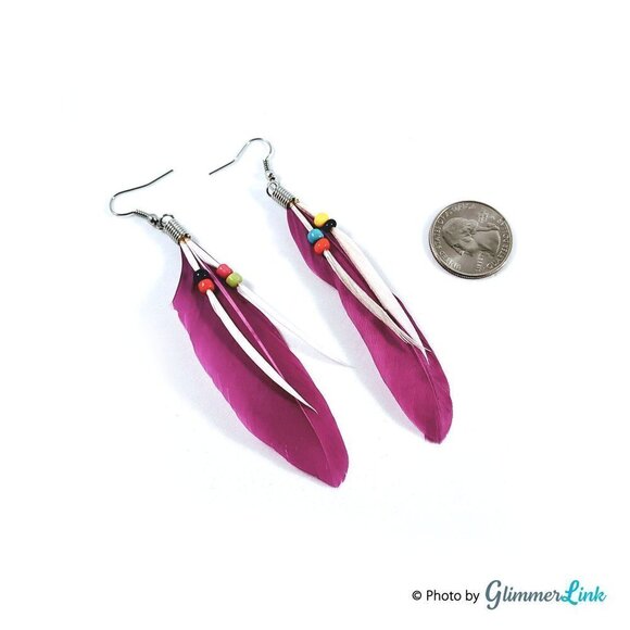 NWOT Purple Beaded Feather Earrings - Picture 2 of 4